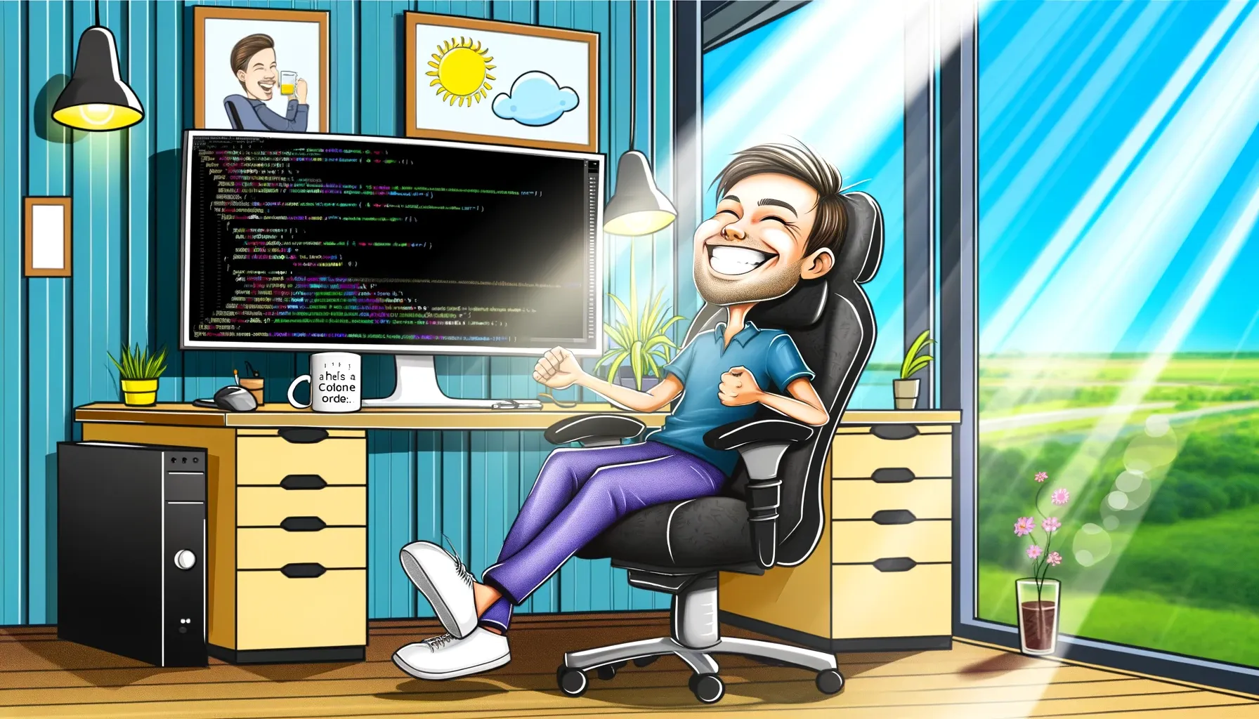 Happy software engineer caricature